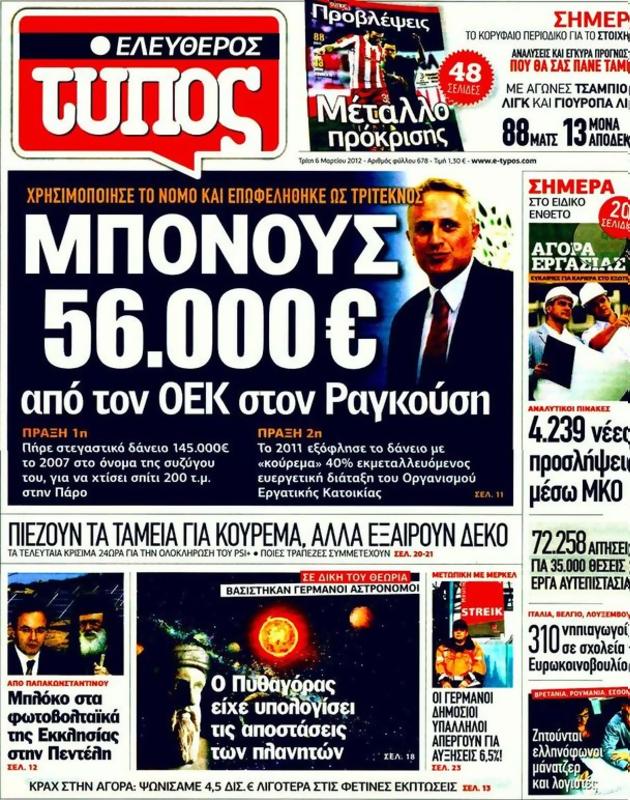 Πρωτοσέλιδο Ελεύθερος Τύπος