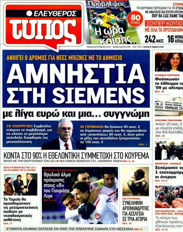 Πρωτοσέλιδο Ελεύθερος Τύπος