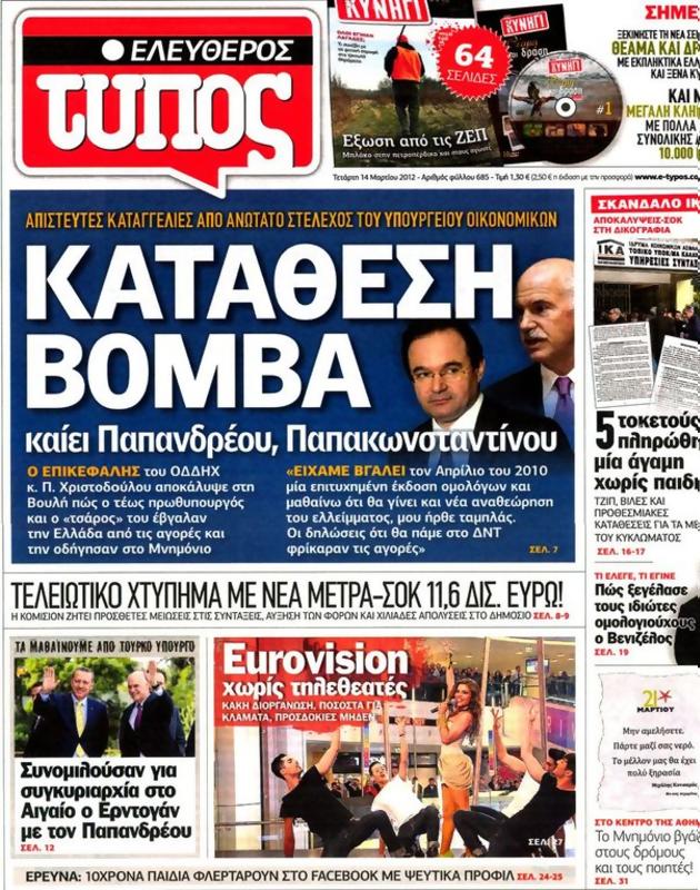 Πρωτοσέλιδο Ελεύθερος Τύπος