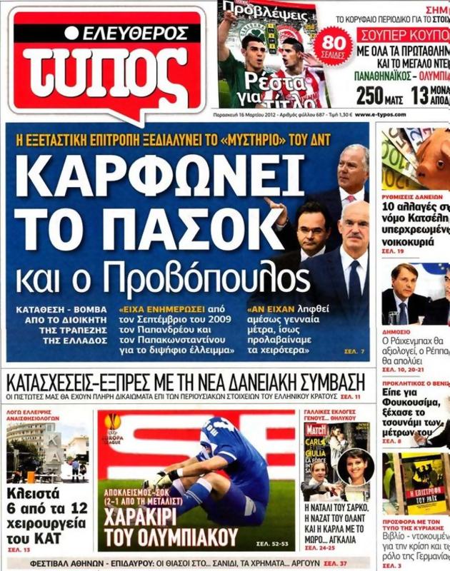Πρωτοσέλιδο Ελεύθερος Τύπος