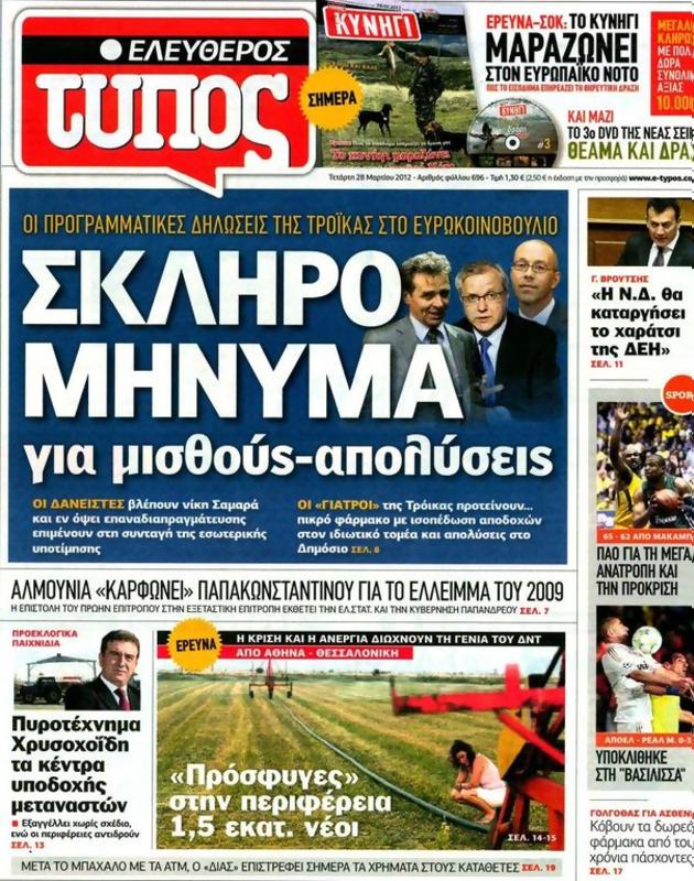 Πρωτοσέλιδο Ελεύθερος Τύπος