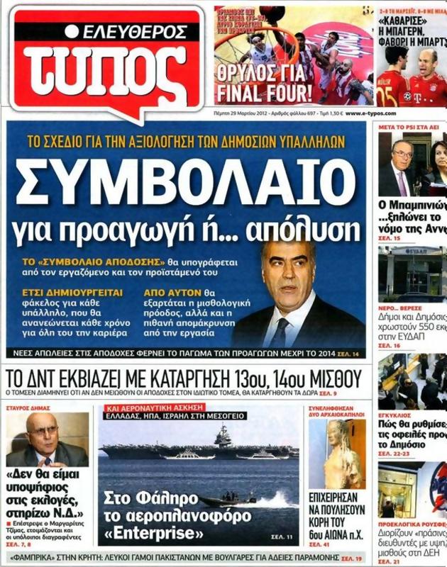 Πρωτοσέλιδο Ελεύθερος Τύπος