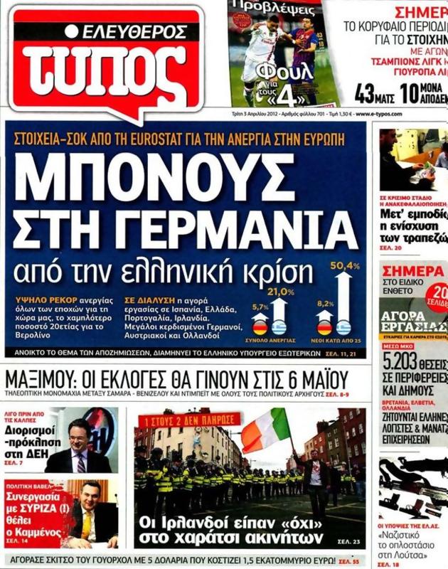 Πρωτοσέλιδο Ελεύθερος Τύπος