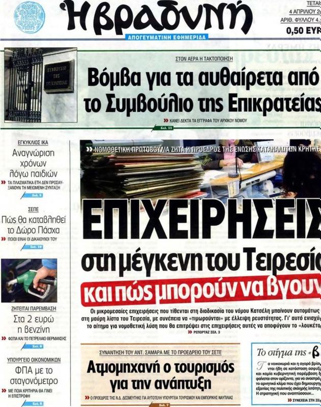 Πρωτοσέλιδο Η Βραδυνή
