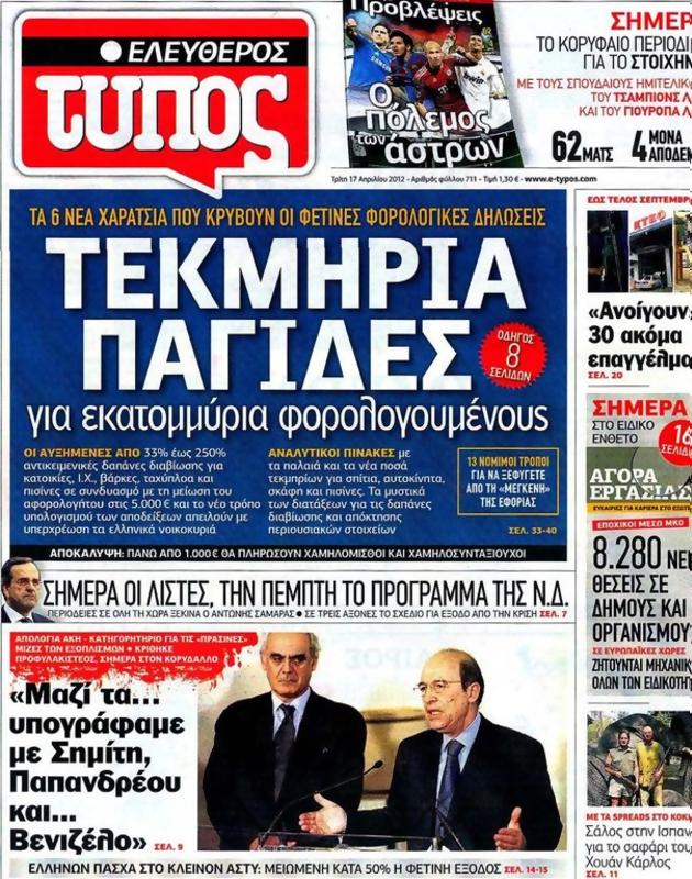 Πρωτοσέλιδο Ελεύθερος Τύπος