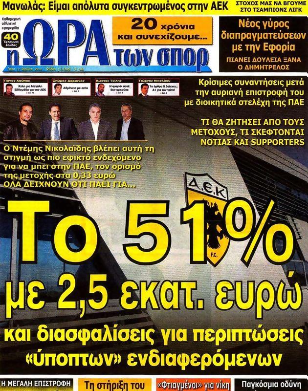 Πρωτοσέλιδο Ωρα για Σπορ