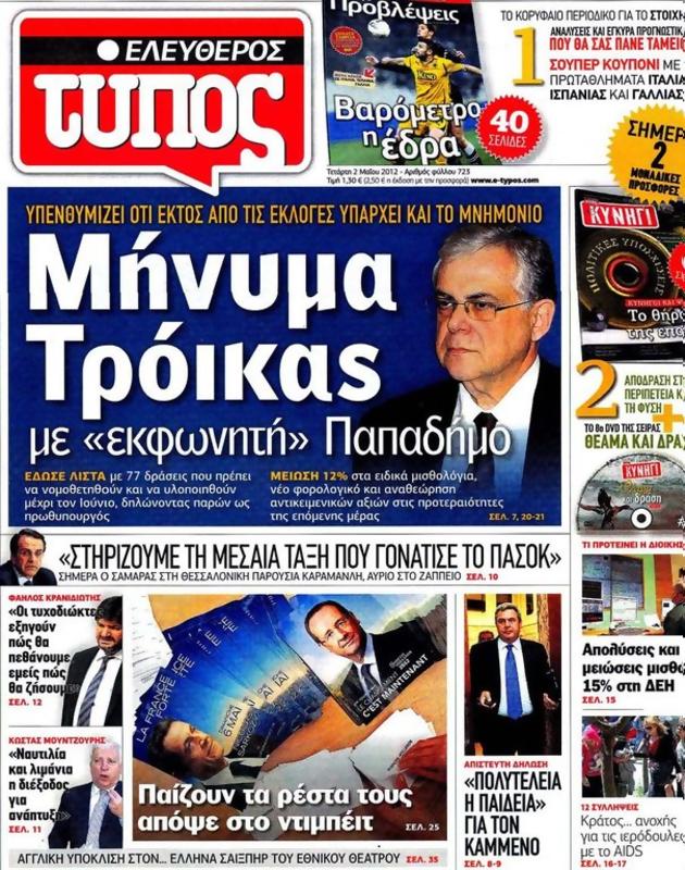 Πρωτοσέλιδο Ελεύθερος Τύπος