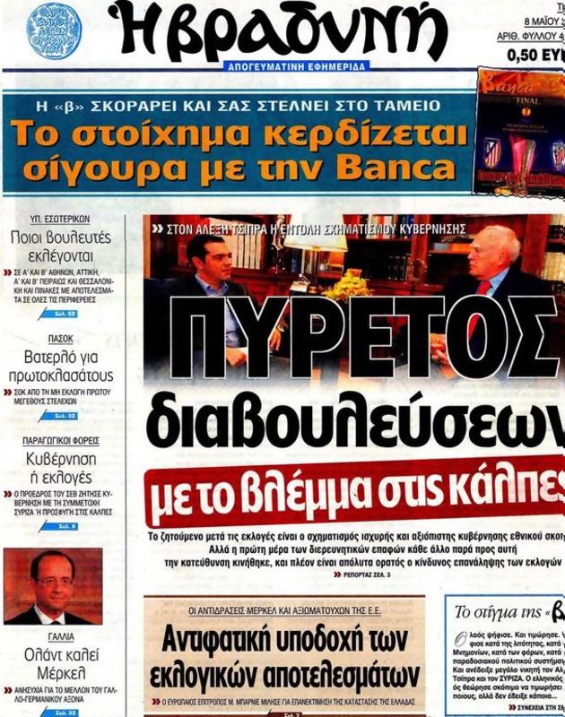 Πρωτοσέλιδο Η Βραδυνή