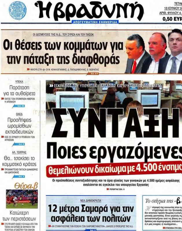 Πρωτοσέλιδο Η Βραδυνή