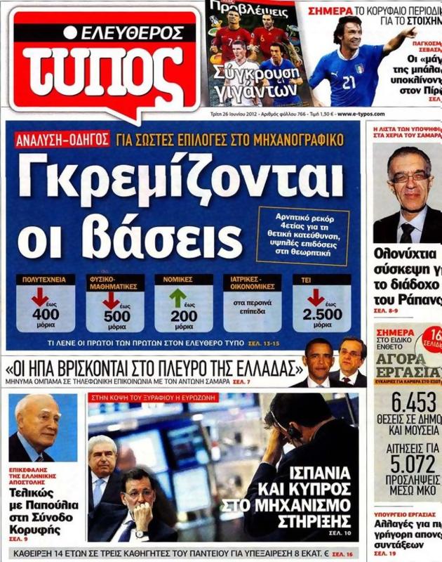 Πρωτοσέλιδο Ελεύθερος Τύπος