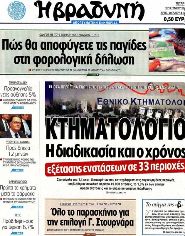 Πρωτοσέλιδο Η Βραδυνή