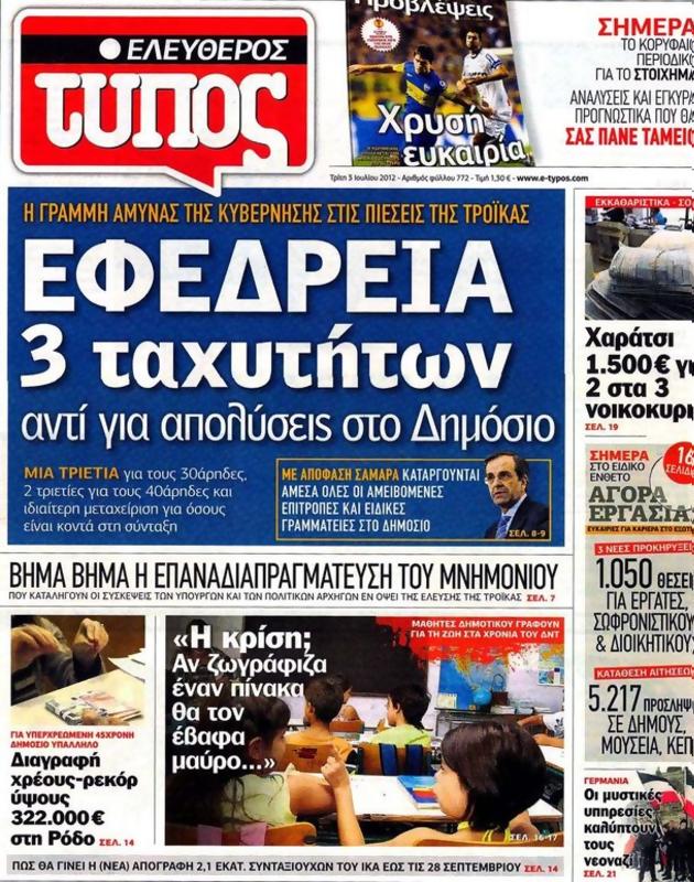Πρωτοσέλιδο Ελεύθερος Τύπος