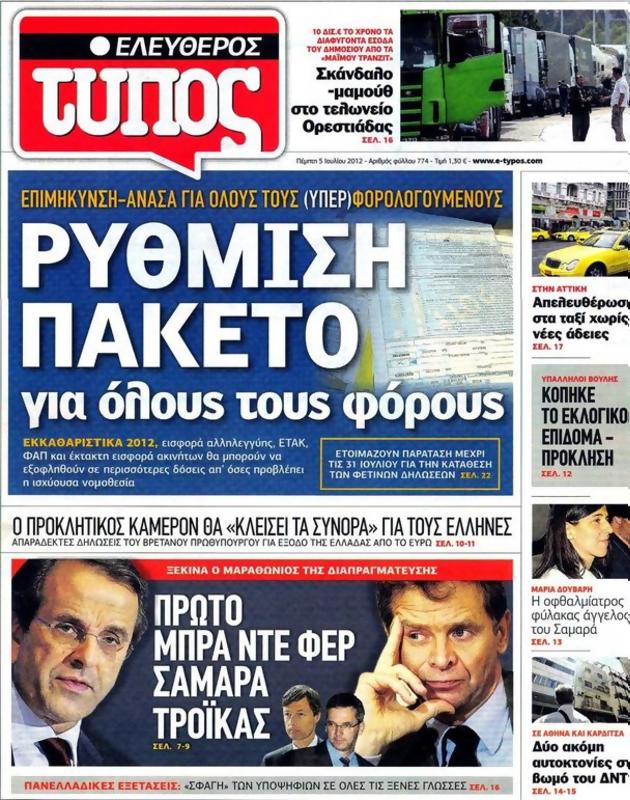 Πρωτοσέλιδο Ελεύθερος Τύπος