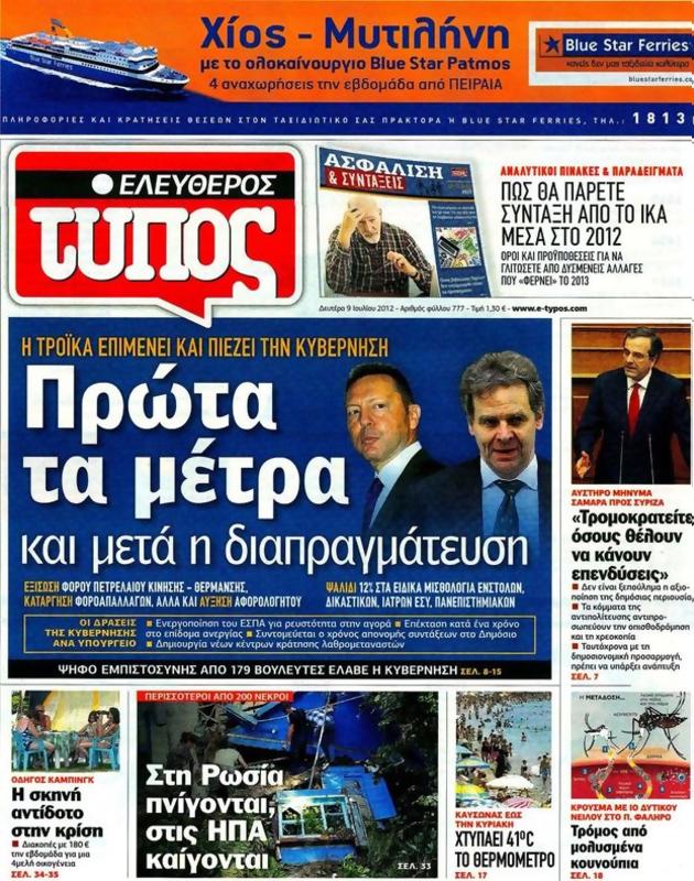 Πρωτοσέλιδο Ελεύθερος Τύπος