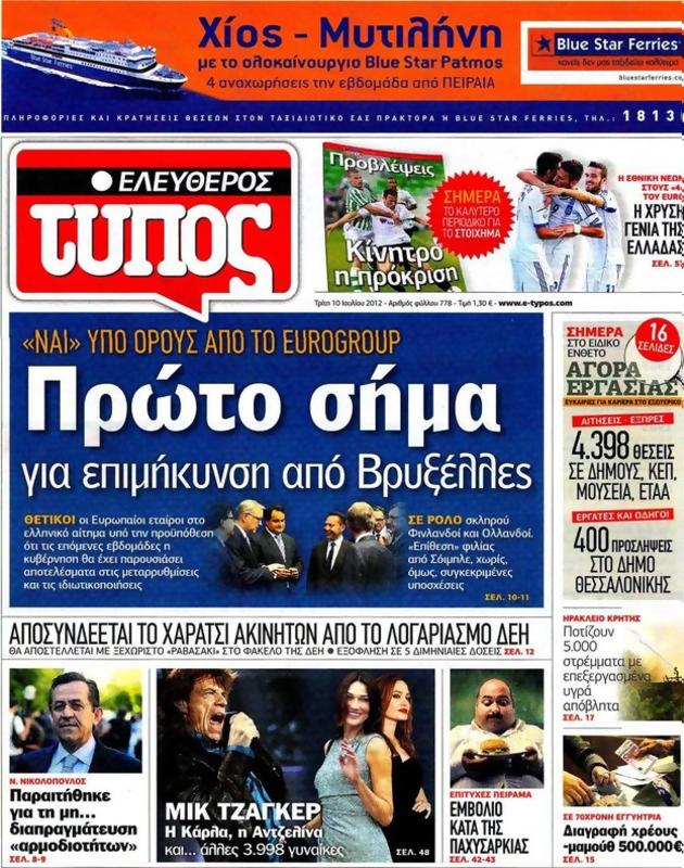 Πρωτοσέλιδο Ελεύθερος Τύπος