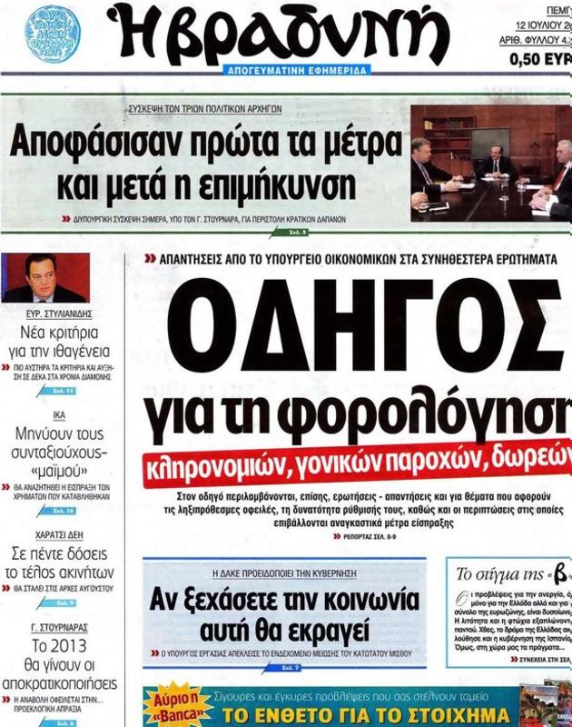 Πρωτοσέλιδο Η Βραδυνή