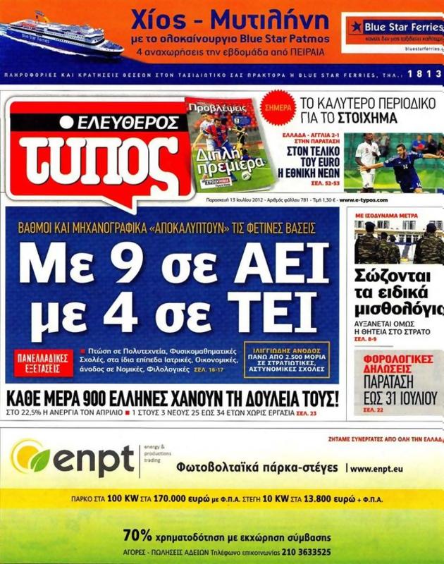 Πρωτοσέλιδο Ελεύθερος Τύπος