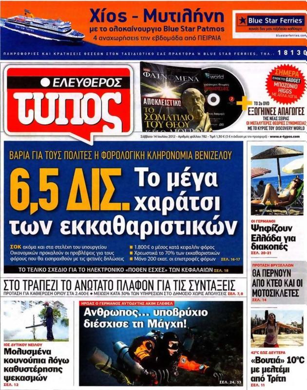 Πρωτοσέλιδο Ελεύθερος Τύπος