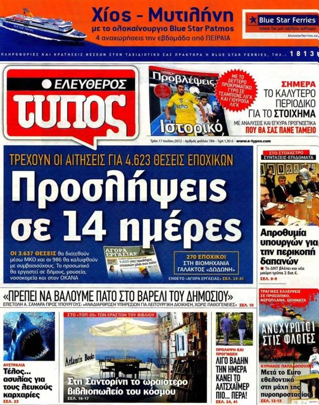 Πρωτοσέλιδο Ελεύθερος Τύπος
