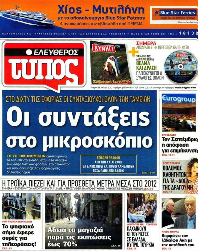 Πρωτοσέλιδο Ελεύθερος Τύπος