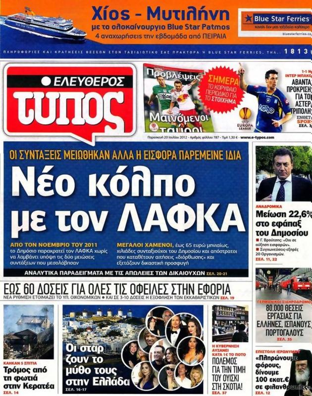 Πρωτοσέλιδο Ελεύθερος Τύπος