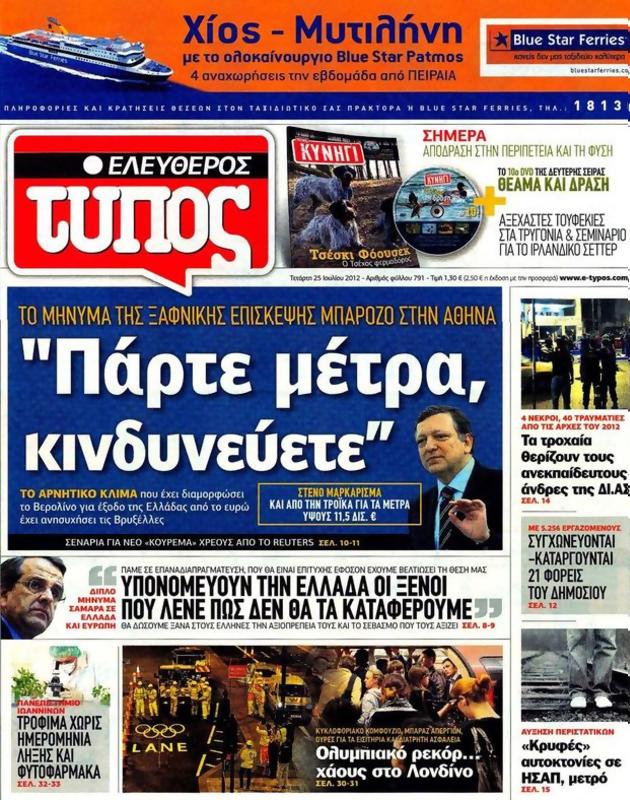 Πρωτοσέλιδο Ελεύθερος Τύπος