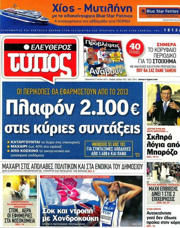 Πρωτοσέλιδο Ελεύθερος Τύπος