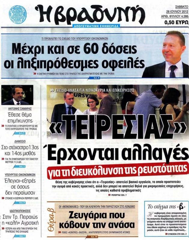 Πρωτοσέλιδο Η Βραδυνή