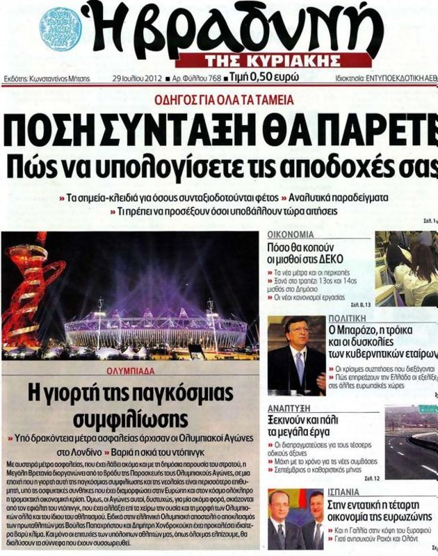 Πρωτοσέλιδο Η Βραδυνή