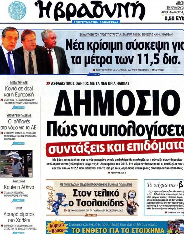 Πρωτοσέλιδο Η Βραδυνή