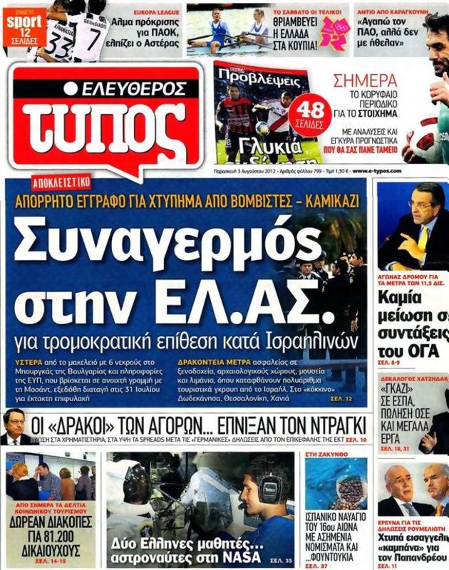 Πρωτοσέλιδο Ελεύθερος Τύπος