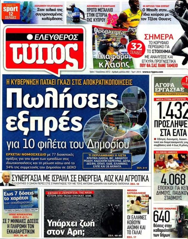 Πρωτοσέλιδο Ελεύθερος Τύπος
