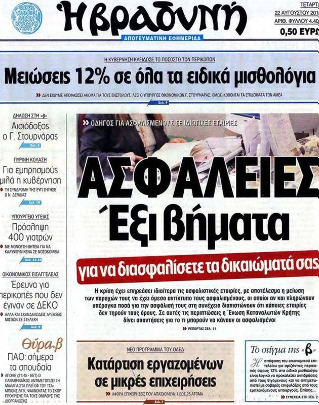 Πρωτοσέλιδο Η Βραδυνή