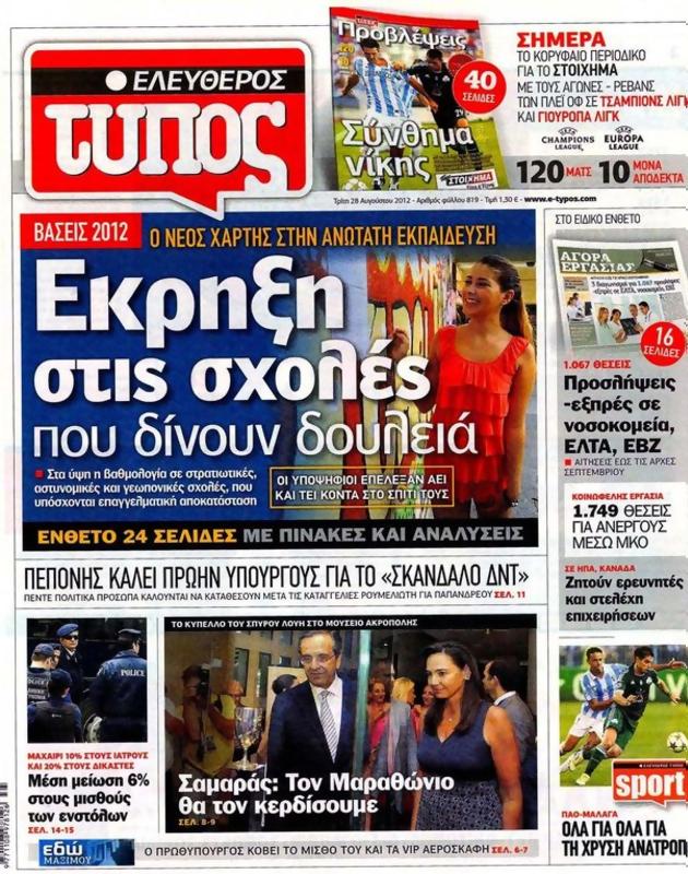 Πρωτοσέλιδο Ελεύθερος Τύπος