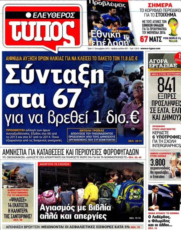 Πρωτοσέλιδο Ελεύθερος Τύπος