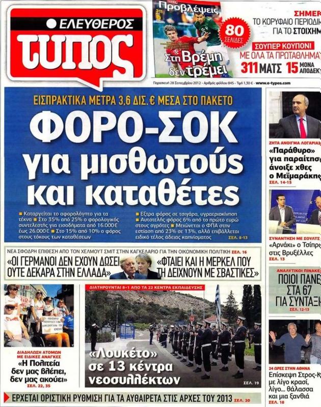 Πρωτοσέλιδο Ελεύθερος Τύπος