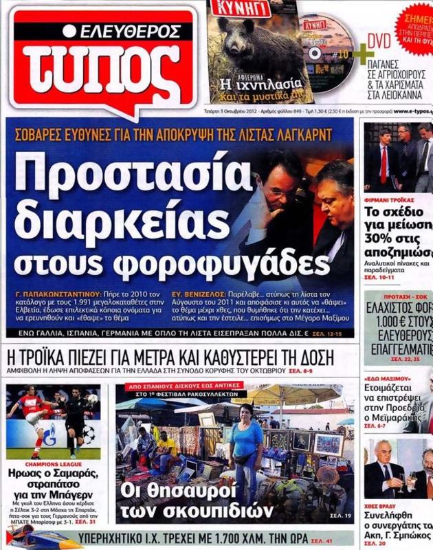 Πρωτοσέλιδο Ελεύθερος Τύπος