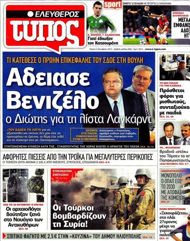 Πρωτοσέλιδο Ελεύθερος Τύπος