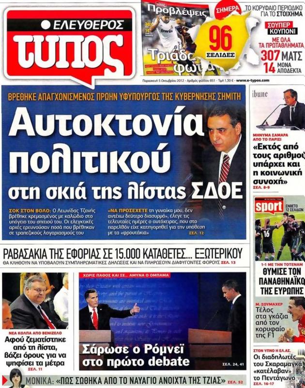 Πρωτοσέλιδο Ελεύθερος Τύπος