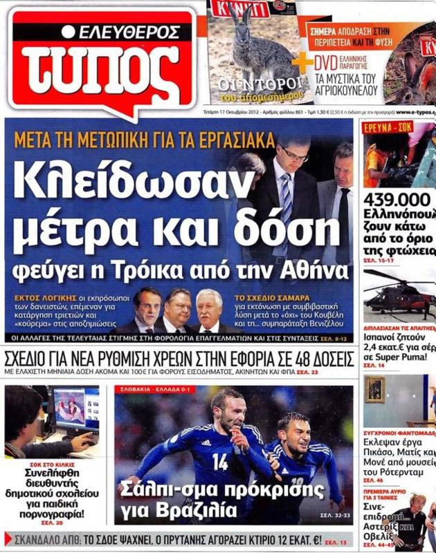Πρωτοσέλιδο Ελεύθερος Τύπος