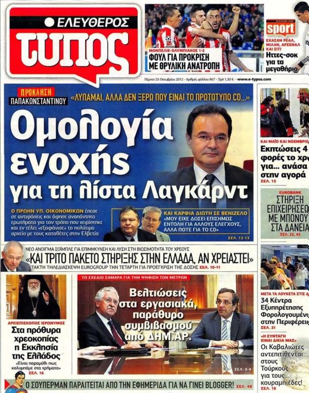 Πρωτοσέλιδο Ελεύθερος Τύπος
