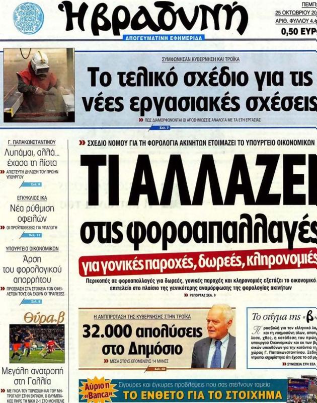 Πρωτοσέλιδο Η Βραδυνή