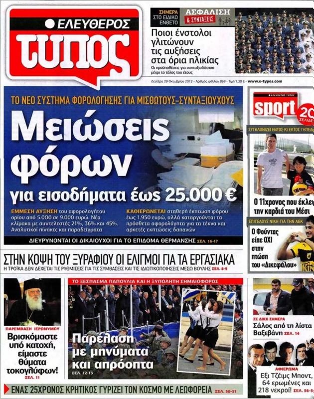 Πρωτοσέλιδο Ελεύθερος Τύπος