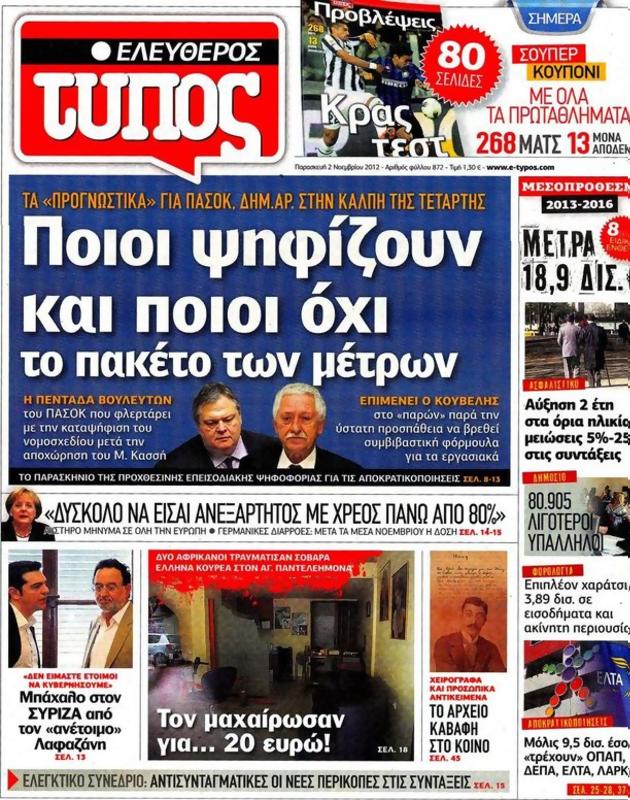 Πρωτοσέλιδο Ελεύθερος Τύπος