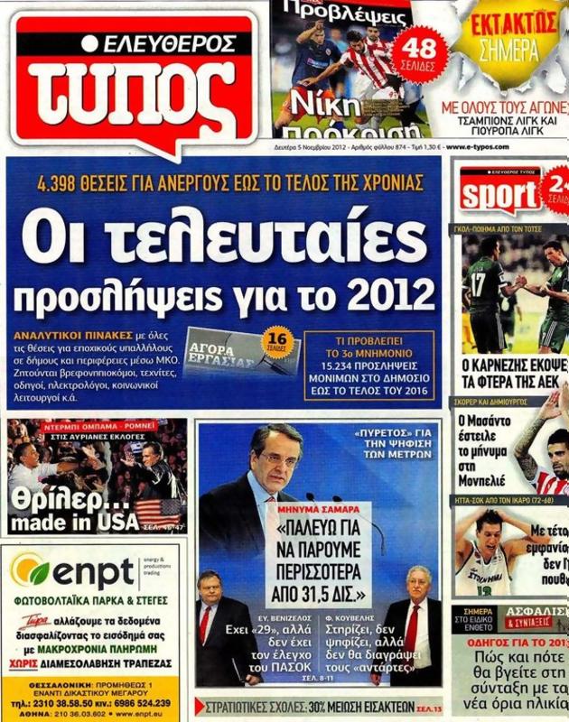 Πρωτοσέλιδο Ελεύθερος Τύπος