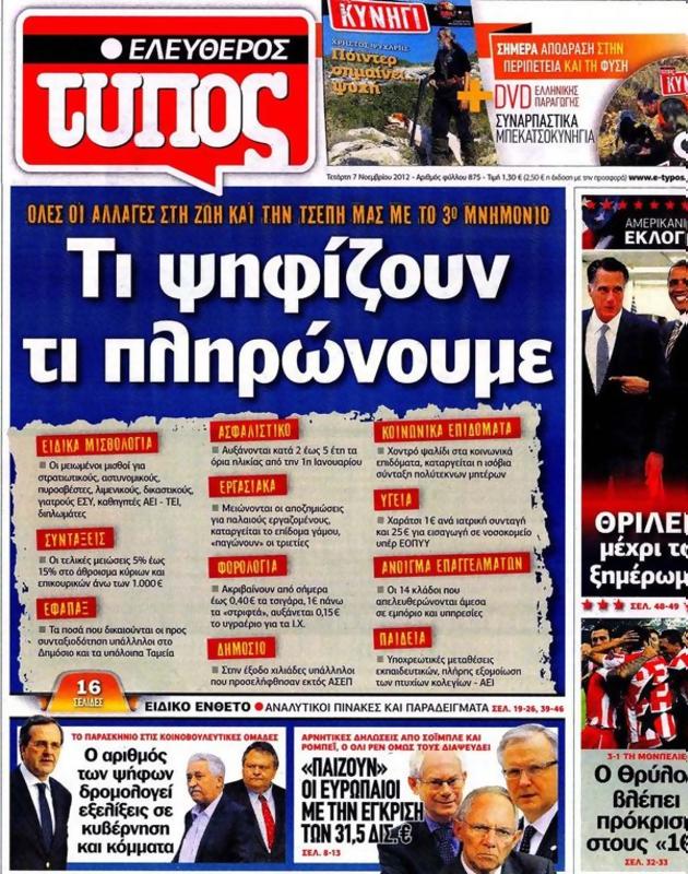 Πρωτοσέλιδο Ελεύθερος Τύπος