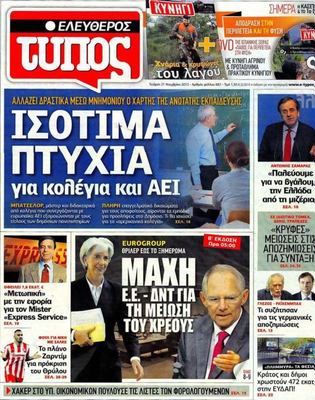 Πρωτοσέλιδο Ελεύθερος Τύπος