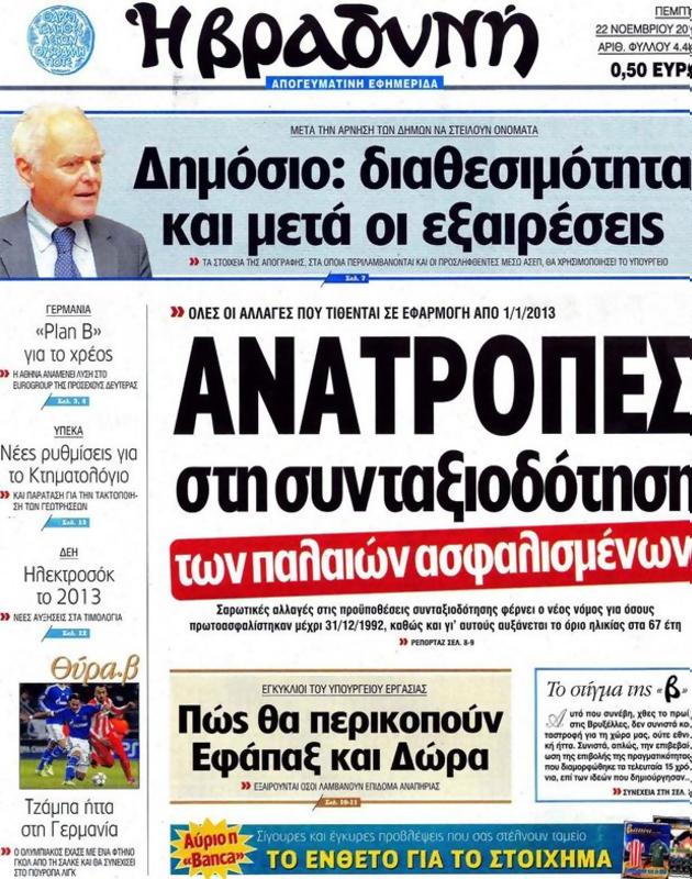 Πρωτοσέλιδο Η Βραδυνή
