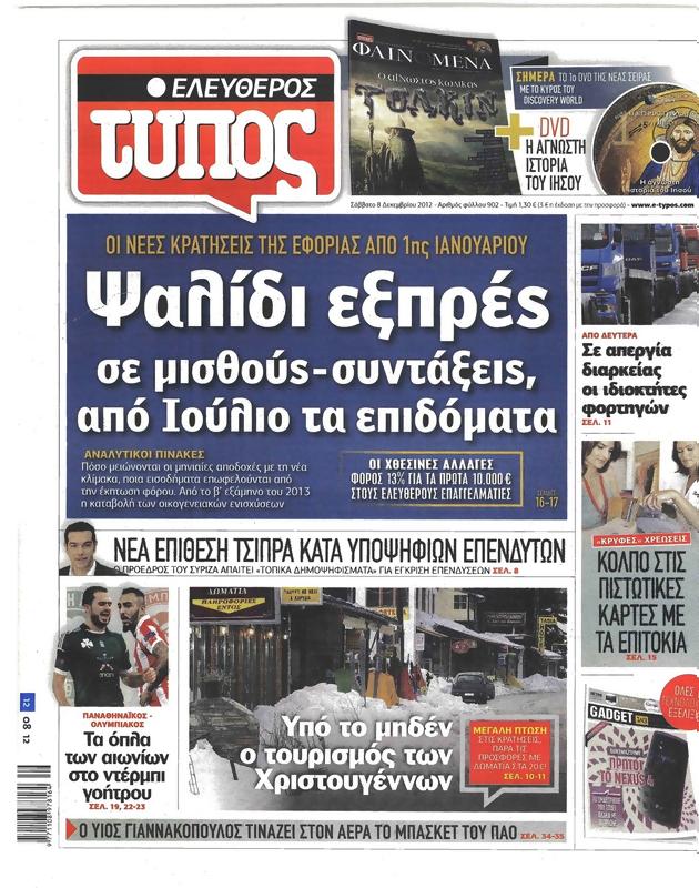 Πρωτοσέλιδο Ελεύθερος Τύπος