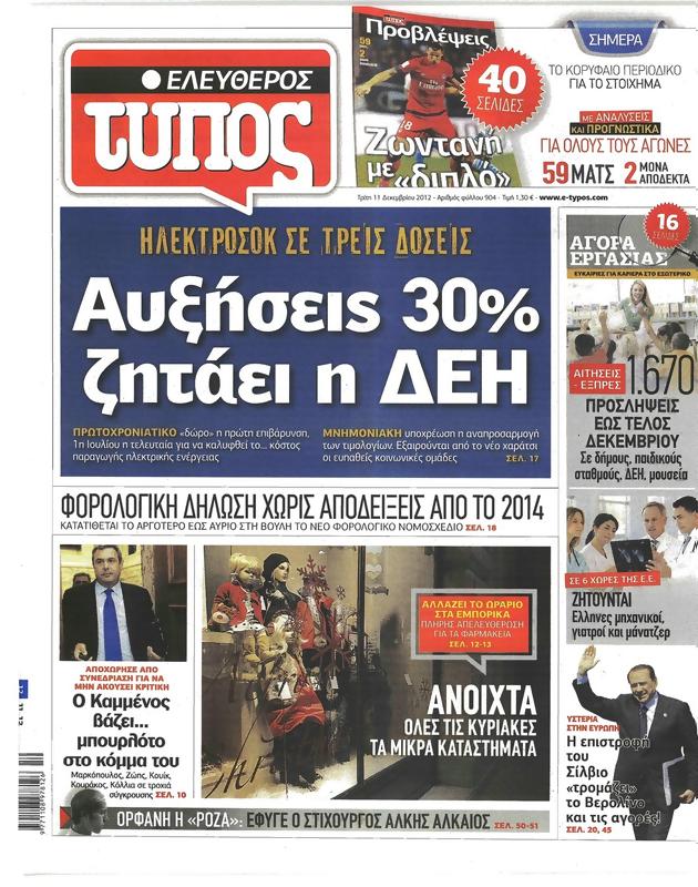 Πρωτοσέλιδο Ελεύθερος Τύπος